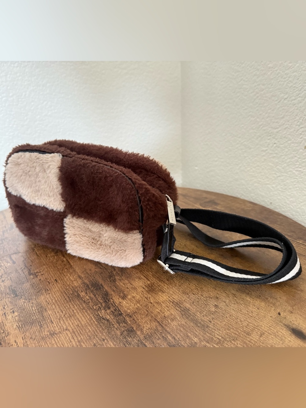 Skinnydip London Millie Fluff Camera Crossbody Large Check Brown Tan Faux Fur